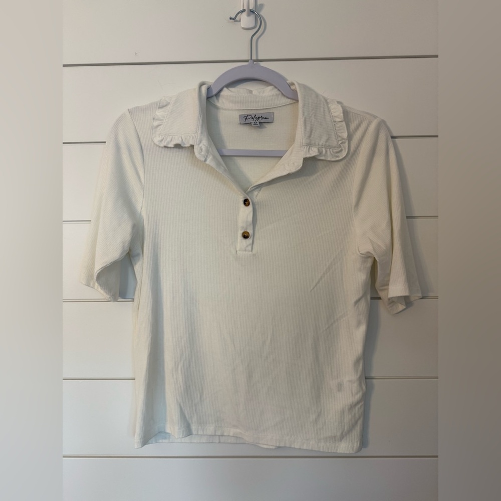 Polagram boutique collared ribbed fitted ivory cream tee